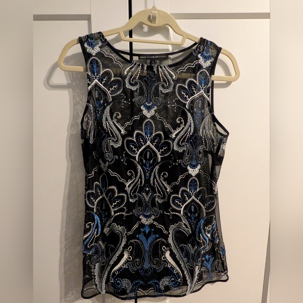 White House Black Market Black & Blue Paisley Sheer Embroidered Whimsigoth Top